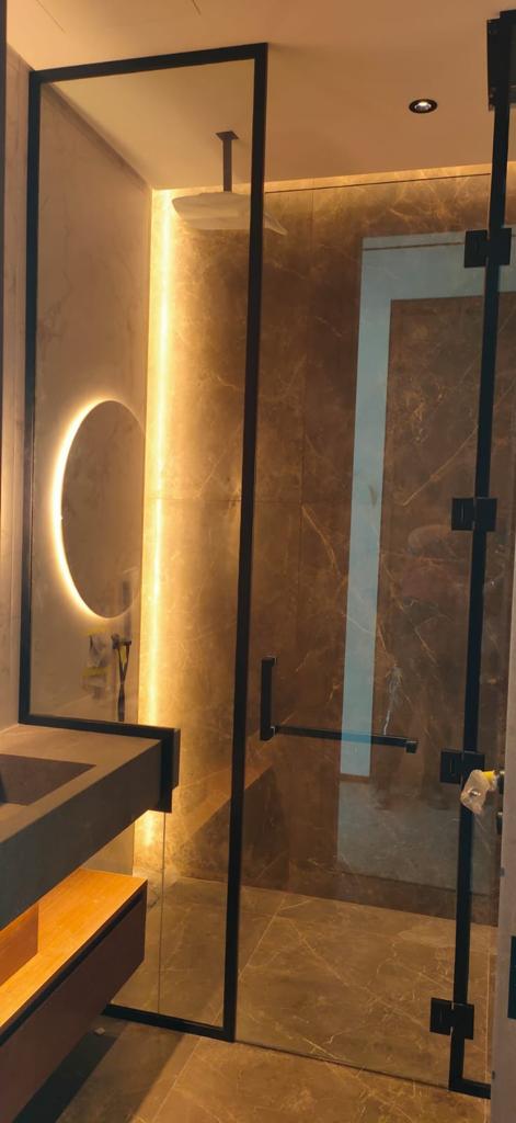 A glass shower enclosure
